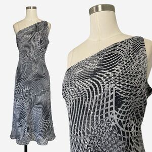 Vintage Y2K CDC Grey abstract layered sequin slip one shoulder midi dress S/M